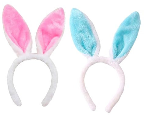 HFMYGS 2 Stück Hasenohren Kostüm, Hasenohren Haarreif, Hasenkostüm Damen, Hasen Ohren, Plüsch-Hasenohren, Plüsch Stirnbänder für Ostern für Ostern Party Hochzeit Geburtstag Kostüm Cosplay(Rosa + Blau)