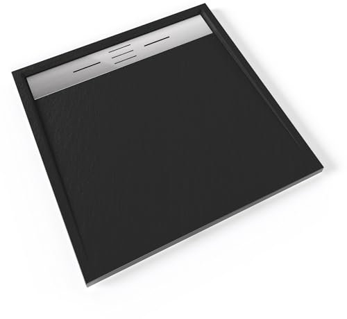 HIEMAL INOX Receveur de douche 90 x 90 cm résine Noir aspect ardoise + bonde inox incluse - Salle de bain