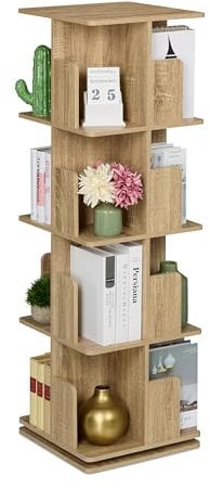 Relaxdays Libreria Girevole, 4 Ripiani Effetto Legno, Scaffale Porta Libri e CD, 125,5x39x39 cm, Torre Rotante, Naturale, Fibra, Acciaio