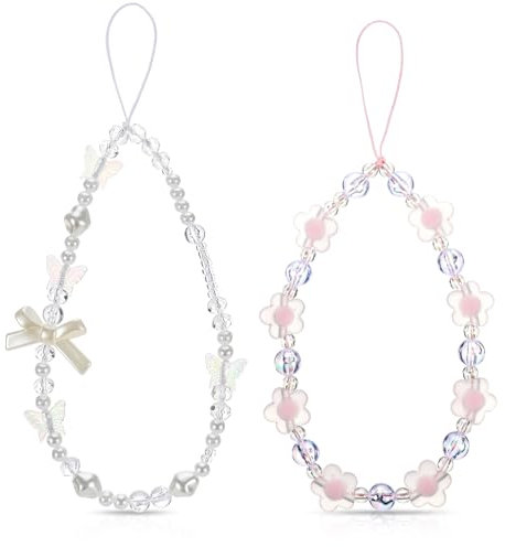 BOHUIZ 2 Pcs Beaded Phone Wrist Strap, Crystal Butterfly Flower Pearl Phone Bracelet Strap Cute Phones Charm Y2k Lanyard for Women Phones Camera Keychain Wallet Pendant Decor