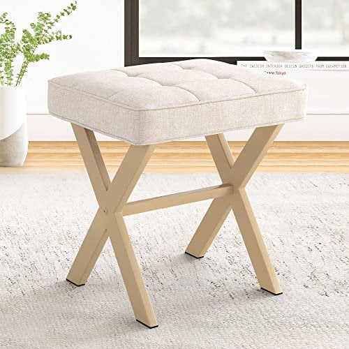 LUE BONA Fußhocker,Make-up Hocker mit X-Bein,Polsterhocker,Schminkhocker,Ottoman Sitz Fußstütze Hocker,Leinen Sitzhocker für Wohnzimmer,Schlafzimmer,43 x 33 x 46 cm,Leinen-Sand