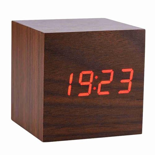 Digitaler Wecker, elektronische LED -Zeitanzeige von Holz, 3 Alarmeinstellungen, Anzeige Zeit und Temperatur, Alarmfunktion, digitale Uhren für Schlafzimmer (Braunes Holz + rotes Licht)