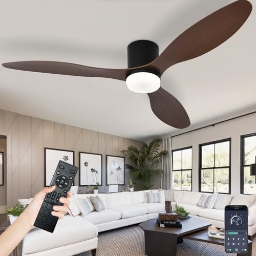 Pale Da Soffitto Con Luce E Telecomando Silenzioso Lampadario Con Ventilatore Ventola Soffitto Con Luce Design Memoria Dimmerabile LED 6 Velocità Motore DC Reversibile E Timer-Black-WoodGrain||42in