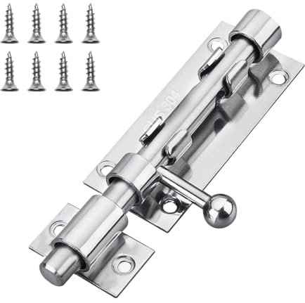Slide Gate Latch Bolt Safety Door Lock with Padlock Hole 105MM Length, 16MM Dia Bar, Door Lock Bolts for Bathroom, Toilet, Shed, Garden, Bedroom - Door Latch Slide Bolts Lock with Screws Silver