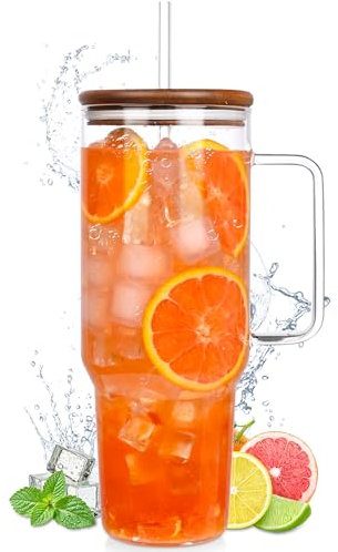 49oz Glass Cup with Acacia Wood Lid and Straws, Large Tumbler with Handle and Straws Glasses Water Bottle Mason Jar Wide Mouth Iced Coffee Cups Travel Mug for Water,Juice,Smoothie,Bubble Tea,Soda