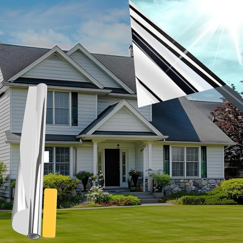 Fensterfolie Sonnenschutz Hitzeschutz, 44.5x200cm Sonnenschutzfolie Fenster Innen, Spiegelfolie Fenster Sichtschutz, Hitzeschutzfolie Fenster für Schlafzimmer, Wohnzimmer, Büro und Balkon (Silber)