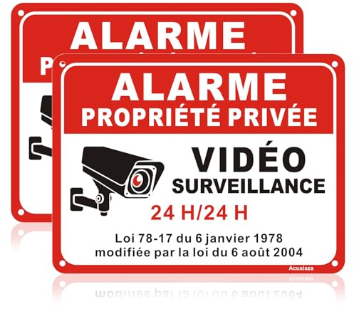 Acuxiaza 2 Pièces Panneau Alarme Vidéo Surveillance, 20x15 cm, Aluminium | Panneau Propriété Privée sous Vidéo Surveillance, Métal Réfléchissant, Résistant aux UV, Imperméable, Avec Trous Percés
