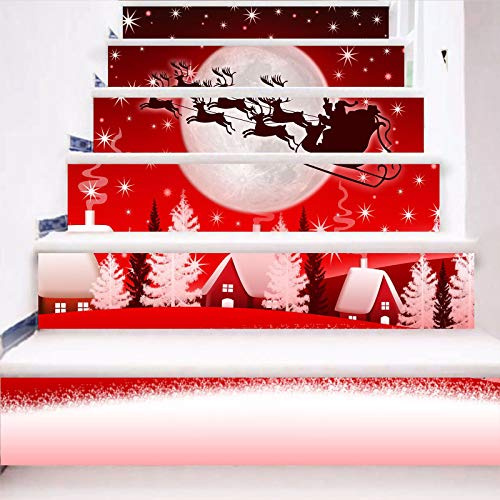 3D Christmas Stairway Sticker PVC Self-Adhesive Home Stairs Risers Stickers Removable Staircase Decals Vinyl Wall Stickers (Set of 6, Reindeer)