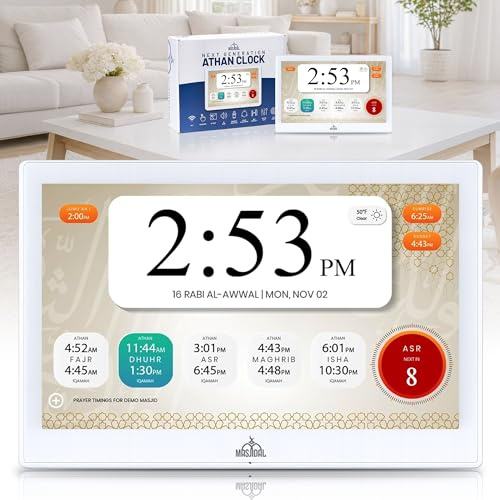Masjidal 10 Smart WiFi Digital Azan Clock & Islamic Prayer Frame – Automatic Worldwide Prayer & Iqamah Times, Full Quran Player, Athan Alarm, Ramadan Clock, Touchscreen Muslim Home Display, White