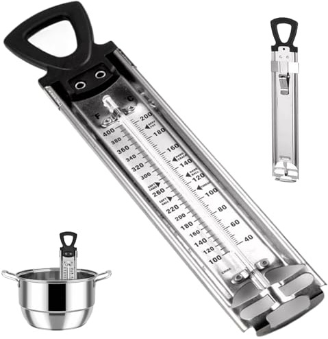 Candy Thermometer Dual Scale Stainless Steel Cooking Thermometer 6 Temperature Zones with Pot Clip & Hanging Ring Handle Elongated Frying Kitchen for Jams, Baking.