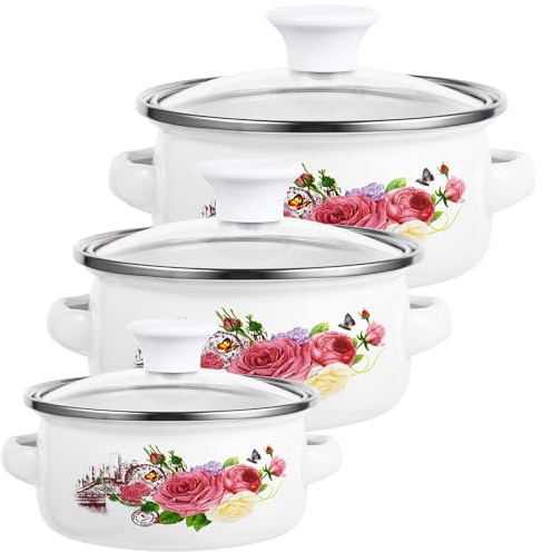 MUELODSIC Pentole Smaltate Fondo Piatto Doppio Manico e Set di 3 Mini | Conduzione Rapida del Calore, Design Impilabile, per Cucinare Ramen , Noodles e Diverse Pietanze