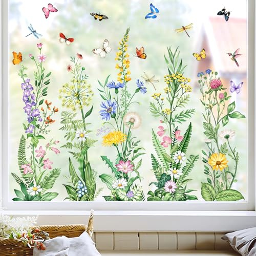 Tanlaby Fensterbilder Frühling Wildblumen Fensteraufkleber Blumen Gras | Vintage Sommer Doppelseitig Anti Kollision für Glas Fenster Glastüren Fensterdeko