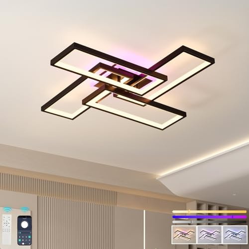 ZAITINZ Plafoniera LED Soffitto,50W 3000LM Dimmabile 3000-6000K con Telecomando e APP,Design 4 Rettangoli,Lampadario Camera da Letto Moderno per Soggiorno e Ufficio,Plafoniere da Soffitto Nero 66x66cm