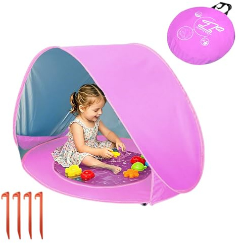 bechoanigel Baby Strandmuschel Pop-up mit Pool, Strandzelt für Kleinkinder, Tragbares Wurfzelt mit Trennbarem Mini-Pool UV-Schutz - Ideal für Strand, Garten & Camping (Rosa)
