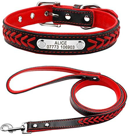 Beirui - Collier en Cuir véritable Souple tressé pour Chien - avec Plaque Personnalisable et Laisse de 120 cm - Rouge,S(27-33cm Neck)