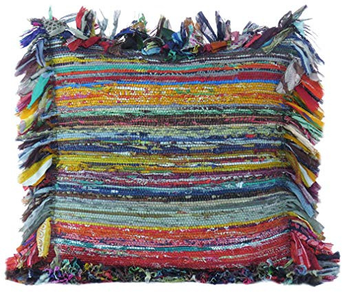 Eyes of India - 24 Large Green Chindi Rag Rug Sofa Cushion Cover Case Decorative Pillow Throw Couch Colorful Boho Chic Seating Indian Bohemian Accent Handmade Cover ONLY