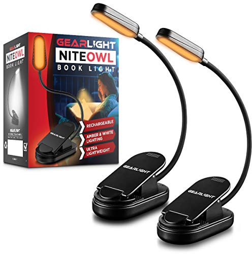 GearLight Rechargeable Book Light for Reading in Bed – Hands-Free LED Clip-on Lamp with 3 Light Modes, Adjustable Brightness, Flexible Neck Reading Light for Books, Laptops, and More – 2 Pack