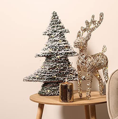 Albero di Natale in rattan pre-illuminato con foglie di pino verde artificiale e neve bianca finta, decorazione natalizia per casa, ufficio, finestra o tavolo (40 - 30 LED)