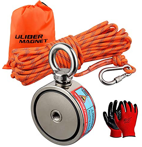 ULIBERMAGNET Super starke doppelseitige Angelmagnete, kombiniert 320 kg N52 mit Seil, Starter Starter-Set mit Neodym-Magneten, für Magnetangeln und Schatzsuche unter Wasser..