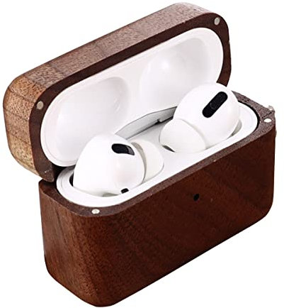 Nature Holz Hülle Case für Airpods Pro Ladecase, Handgemachte Holz Hartschale für Kabellos Ohrhörer, Volle Schutzhülle Stoßfeste Cover mit Karabiner für Airpods Pro, Front LED Sichtbar Walnut