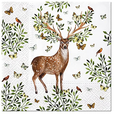 Servietten Tiere 20 Hirsch mit Blättergeweih | Tiermotiv Wald Jagd Jäger Tischdeko 33x33cm