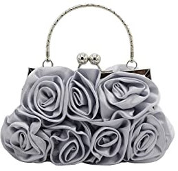 CORIOS Damen Elegante Abendtasche Blumen Clutch Tasche Handtasche mit Kette Kiss Lock Mini Rose Schultertasche Satin Umhängetasche für Hochzeit Bankett-Party Abschlussball Silber