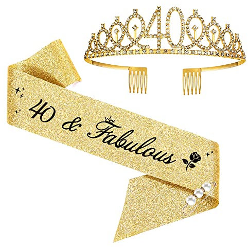 40. Geburtstags Tiara, 40 & Fabulous Geburtstags-Krone Schärpe Set, 40 geburtstag deko für 40. geburtstag frauen alles Gute zum 40. Geburtstagsgeschenk, Partyzubehör (Gold)