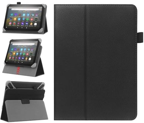 HoYiXi Custodia universale per 7-8 pollici Samsung Galaxy Lenovo Huawei Fire Tablet Cover protettiva regolabile in due posizioni con supporto e cinturino da polso - nero