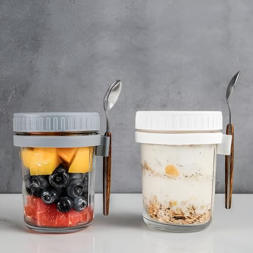 PEALOVCOM 2 Piezas Tazas para Cereales de Desayuno para Llevar Vaso de Cristal para Muesli de 350 ml Vaso para Yogures con Tapa y Cuchara Taza de Cereales Hermética para Llevar para Trabajo Escuela