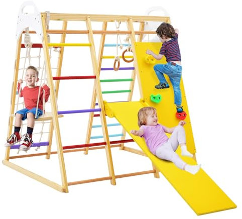 LIFEZEAL 8 in 1 Set di Arrampicata in Legno per Bambini, Parco Casetta con Scivolo, Rete, Scala in Rocce e Altalena, Ragazzi, Giochi Montessori per Bimbi da 3 Anni (colorati)