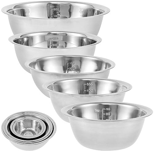 5Pcs Stainless Steel Mixing Bowl Set with Measurement Markers, 0.5L, 0.8L, 1.55L, 2.1L, 2.6L 5 Sizes Multipurpose Soup Basin Space Saving Nesting Bowls for Kitchen Cooking Baking Food Storage