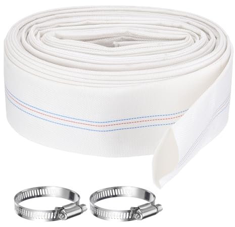 Rebower Pool Backwash Hose, 2 Inch x 62ft Reinforced Drain Hose PVC Lay Flat Water Discharge Pump Hoses for Pool Filter Swimming Pump, with 2pcs Clamps, White