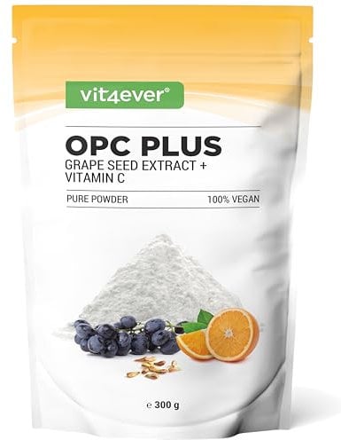 Extrait de pépins de raisin OPC + vitamine C - 300g de poudre - Pure OPC de raisins européens - Teneur en OPC de 70% selon la méthode HPLC (95% selon Bate-Smith) - Avec vitamine C naturelle - Vegan