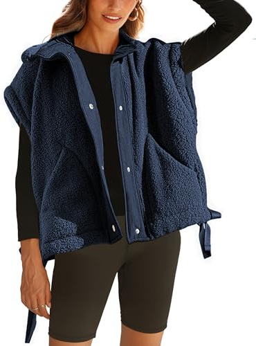 GTLIAE Womens Sherpa Fleece Vest Oversized Sleeveless Jacket Casual Outerwear Gilet with Pockets | Casual Funnel Neck Snap Button Gilet Outerwear, Side Pockets, Drawstring Hem, Fluffy Warm Comfort, Fall Winter Daily Outing