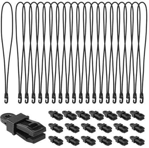 LALAGO 20 Stück Spanngummi mit Haken + Planenclips, Expander mit Haken 35cm, Planenspanner mit Tarp Clips Schwarz für Zeltgummis, Planen, Netze, Banner, Camping, Anhängerplane und Banner