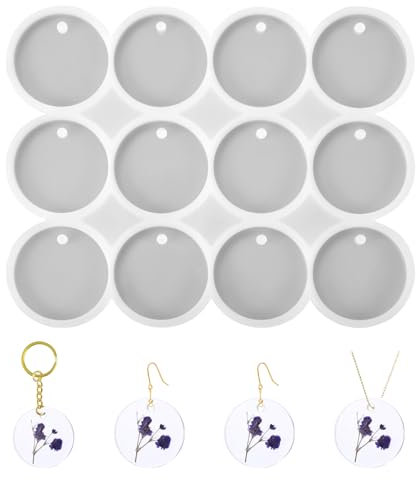 12 Stück Epoxidharz Formen Silikon, Silikonformen Epoxidharz, Silikonform Anhänger, Rund mit Loch Resin Formen für Herstellung von Halskettenanhängern, Ohrringanhängern, DIY set