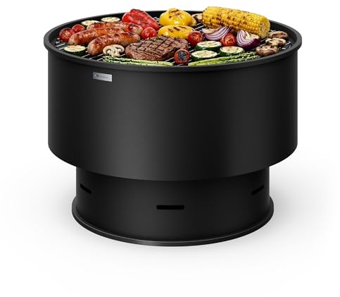 Blumfeldt Pompeji Feuerschale mit Grill – 3-in-1 Schüssel, Grill & Tisch, raucharmes Design, Stahlkonstruktion, inkl. Zubehör