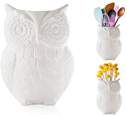 Comfify Owl Utensil Holder Decorative Ceramic Cookware Crock & Organizer, in Lovely White Color - Utensil Caddy and Perfect Kitchen Ceramic Décor Gift - 12.7 x 17.8 x 10.2 cm Size