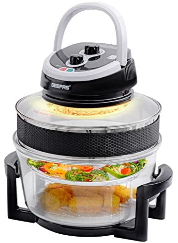 Geepas 1400W Turbo Halogen Oven, 17L | 60min Timer, Adjustable Temperature Control & Self Clean Function| Bake Grill Steam Broil Roast BBQ | Low Fat Air Fryer, Removable Glass Bowl & Extender Ring