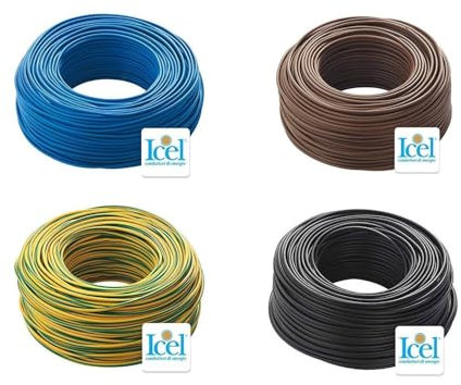 Cavo Icel Elettrico Unipolare Isolante FS17 Matassa per impianti casa aziende edili 4 Matasse da 100 metri 400 metri totale Colore Blu-Nero-Marrone-Giallo/Verde (2,5 mm)