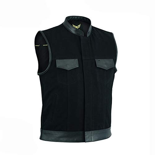 Leatherick Herren Anarchy Club Leder Trim Denim motorradfahrer Weste mit tief taschen schwarz - XL