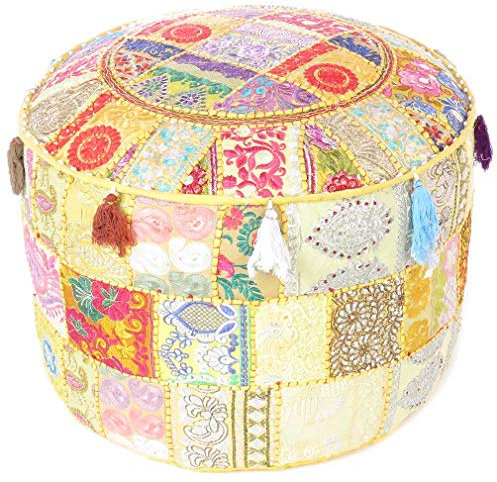 Eyes of India - 22 X 12 Round Yellow Colorful Decorative Patchwork Pouf Pouffe Ottoman Cover Seating Boho Chic Indian Handmade