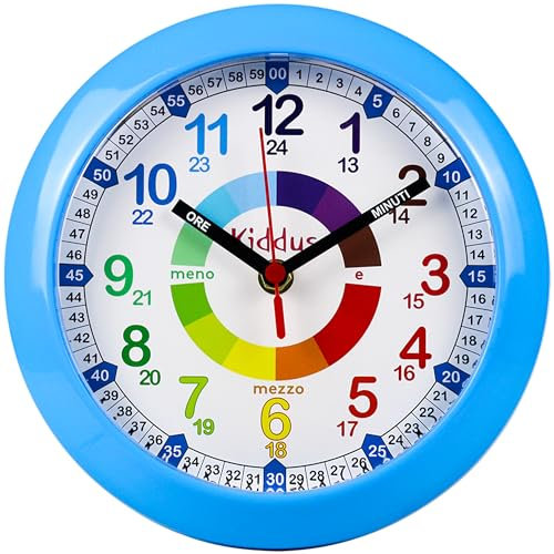 Kiddus Wanduhr für Kinder. Analoger Zeitlehrer mit Zeitlernübungen. Stilles Uhr. Viele Sprachen. Italiano BLU
