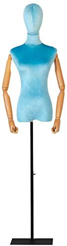 Schneiderpuppe Weiblich verstellbar Weibliches Mannequin Torso Körper Kopf Kleiderform mit Metall Standfuß aus Holz Armen Kleid Kleidung Schmuck-Anzeigen schneiderbüste ständer (Color : Lake Blue)