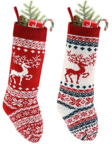 46CM Knit Christmas Stocking 18inch Reindeer Knitted Xmas Stocking Boot Xmas Ornaments Bag Traditional Hanging Bags for Family Holiday Party Decorations,2 Pack