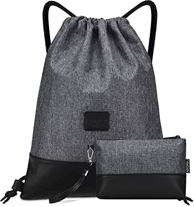 LIVACASA Turnbeutel Hipster Sportbeutel Wasserabweisend Mit Leder Gym Beutel Gefüttert Mit Innentasche Schlüsselbund Damen Gym Bag Herren Tüte Rucksack Außentasche Gymsack Grau mit Geldtasche