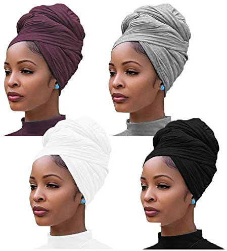 4 Stück Stretch Jersey Turban Kopfwickel Strickkopfwickel für Frauen Turban Haarschal Einfarbig Extra lange ultraweiche atmungsaktive Kopfband Krawatte für Frauen