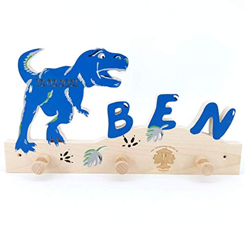 Kindergarderobe - Kleiderhaken Kinder - Holz mit Name (TRex)