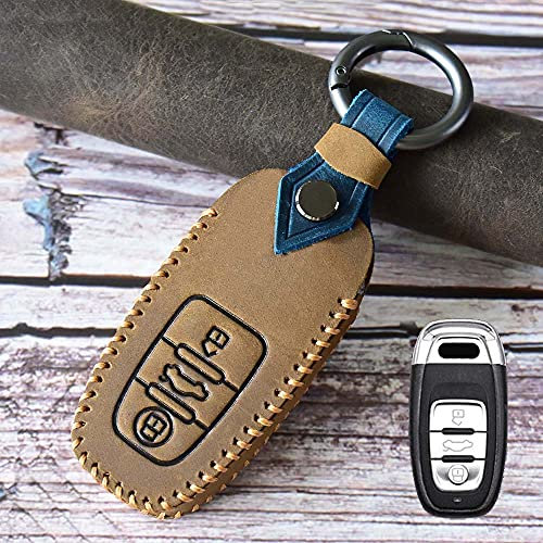 HIBEYO Smart Autoschlüssel Hülle passt für Audi Schutzhülle Fernbedienung Schlüsselhülle Cover für Audi A4 A5 A6 A7 S6 Q3 Q5 Q7 Q8 RS SQ RS4 Schlüssel Gehäuse mit Leder Schlüsselanhänger-B Braun