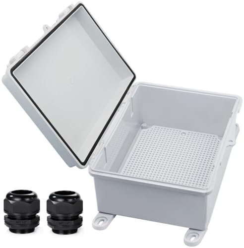 YETLEBOX Waterproof Outdoor Electrical Box Junction Box Weatherproof IP67 ABS Plastic Enclosure Switch Router Project Box with Mounting Plate with Wall Bracket 2 Cable Glands Grey 8.7x6.7x4.3